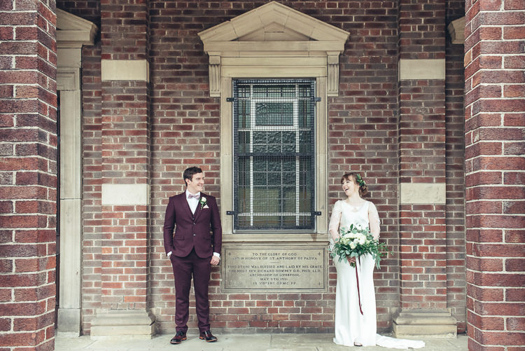 Bride Groom Photos After Ceremony Romantic Industrial Brick Building Wild Foliage Bouquet | Greenery Burgundy City Autumn Wedding http://lisahowardphotography.co.uk/