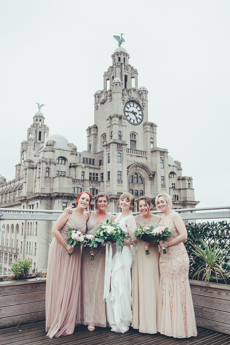 Bride Bridesmaids Blush Champagne Gold Photos Cityscape Terrace View Liverpool | Greenery Burgundy City Autumn Wedding http://lisahowardphotography.co.uk/