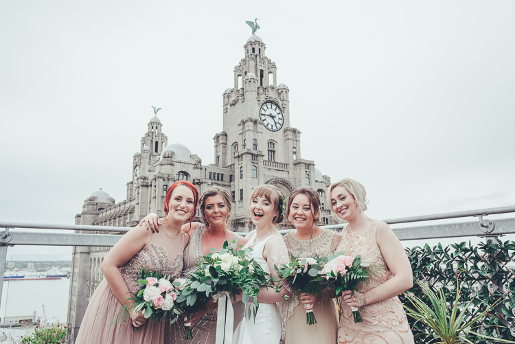 Bride Bridesmaids Blush Champagne Gold Photos Cityscape Terrace View Liverpool | Greenery Burgundy City Autumn Wedding http://lisahowardphotography.co.uk/