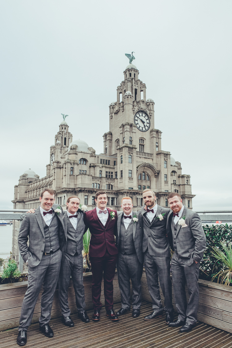 Groom Groomsmen Burgundy Grey Suits Photos Cityscape Terrace View Liverpool | Greenery Burgundy City Autumn Wedding http://lisahowardphotography.co.uk/
