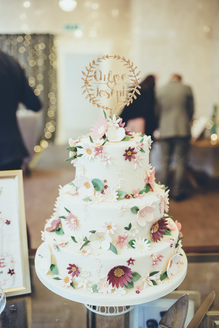 Cake Handmade DIY Sugar Flowers Icing Personalised Gold Topper Three Tier | Greenery Burgundy City Autumn Wedding http://lisahowardphotography.co.uk/