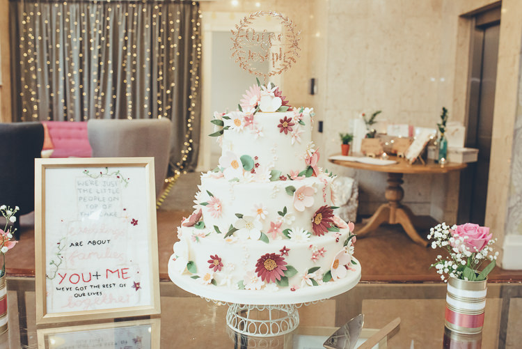Hand Embroidered Welcome Sign Homemade Cake DIY Burgundy Green Blush Gold Topper | Greenery Burgundy City Autumn Wedding http://lisahowardphotography.co.uk/