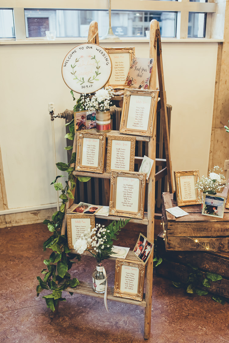 Homemade Decor Rustic Ladder Gold Frame Table Plan Childhood Photos Personal | Greenery Burgundy City Autumn Wedding http://lisahowardphotography.co.uk/