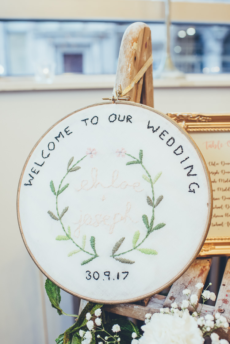 Hand Embroidered Welcome Sign Rustic DIY Foliage | Greenery Burgundy City Autumn Wedding http://lisahowardphotography.co.uk/