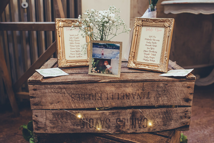Rustic Decor Crate Table Plan Childhood Photos Gold Frames Calligraphy | Greenery Burgundy City Autumn Wedding http://lisahowardphotography.co.uk/
