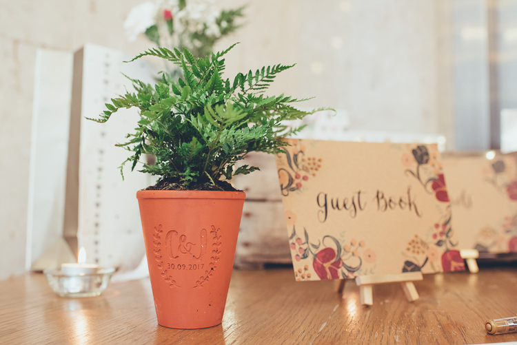 Engraved Plant Pot Guest Book Easel Floral Stationery Relaxed Rustic Decor | Greenery Burgundy City Autumn Wedding http://lisahowardphotography.co.uk/