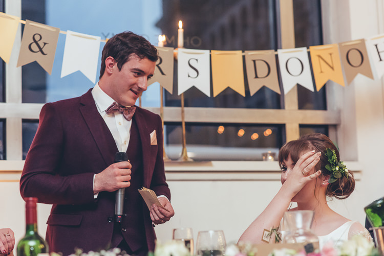 Top Table Pink Roses Groom Speech Bunting Garland Foliage Flower Runner | Greenery Burgundy City Autumn Wedding http://lisahowardphotography.co.uk/
