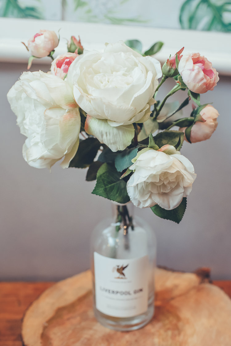 Liverpool Gin Bottle Rustic Decor White Peony Pink Roses Gyp | Greenery Burgundy City Autumn Wedding http://lisahowardphotography.co.uk/