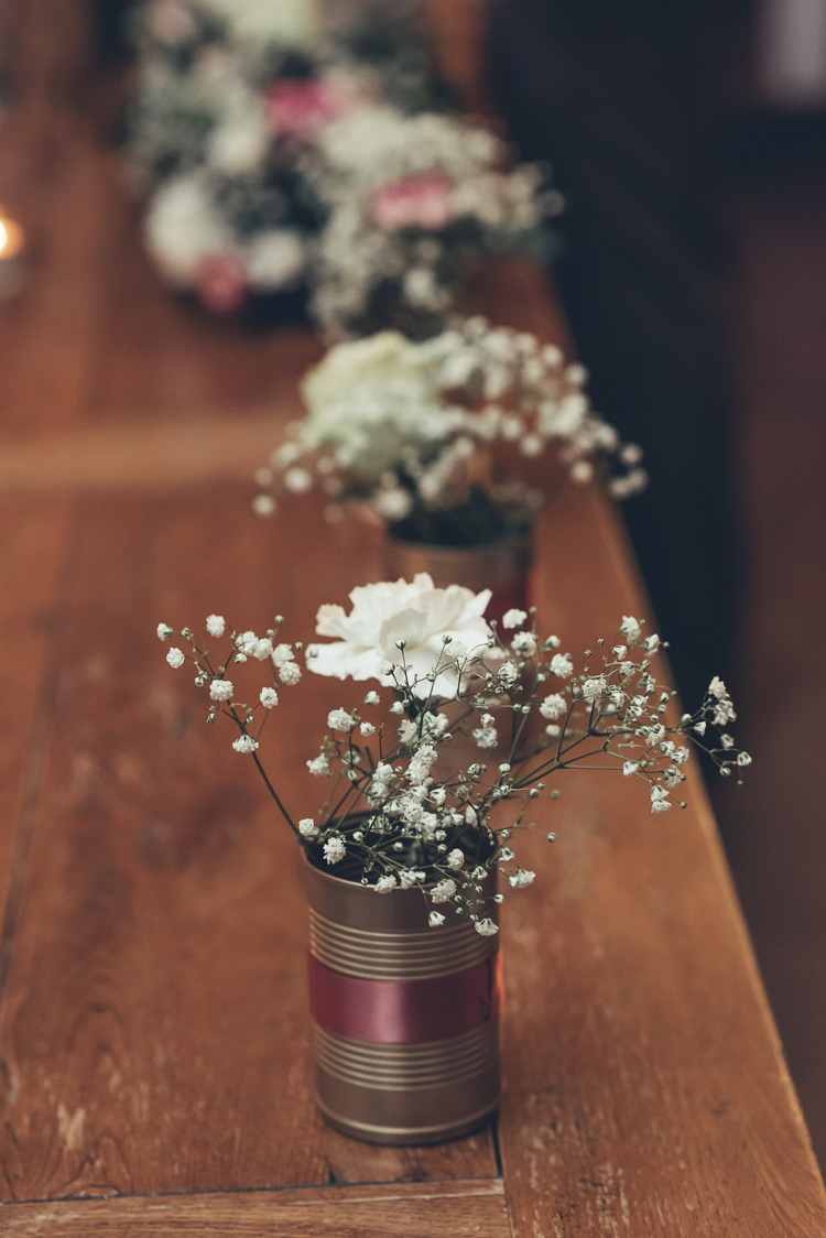 Rustic Industrial Decor White Pink Flowers Gyp Baby's Breath Tin Can Ribbon | Greenery Burgundy City Autumn Wedding http://lisahowardphotography.co.uk/