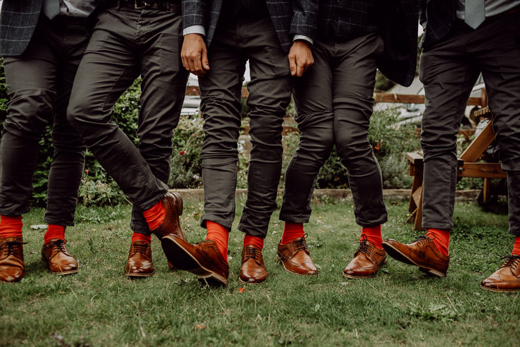 Tan Shoes Red Socks Groom Groomsmen Stylish Rainy Festival Wedding http://albatrossandmariner.co.uk/