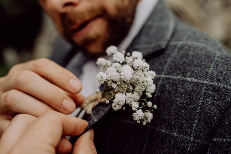 Buttonhole Groom Gypsophila Stylish Rainy Festival Wedding http://albatrossandmariner.co.uk/