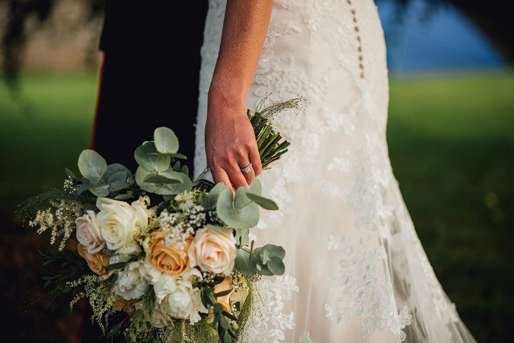 Bride Bridal Bouquet Eucalyptus Peach Rose White Outdoor Summer Rustic Barn Wedding https://www.chebirchhayesphotography.com/