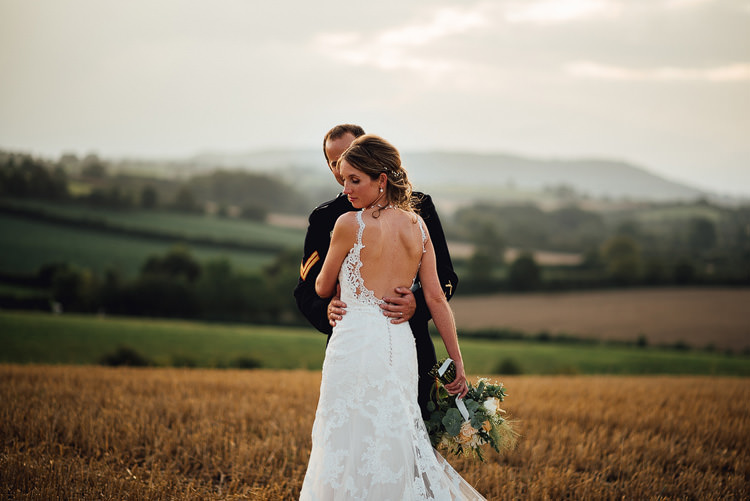 Bride Bridal Fishtail Train Strappy Veil Military Groom Outdoor Summer Rustic Barn Wedding https://www.chebirchhayesphotography.com/