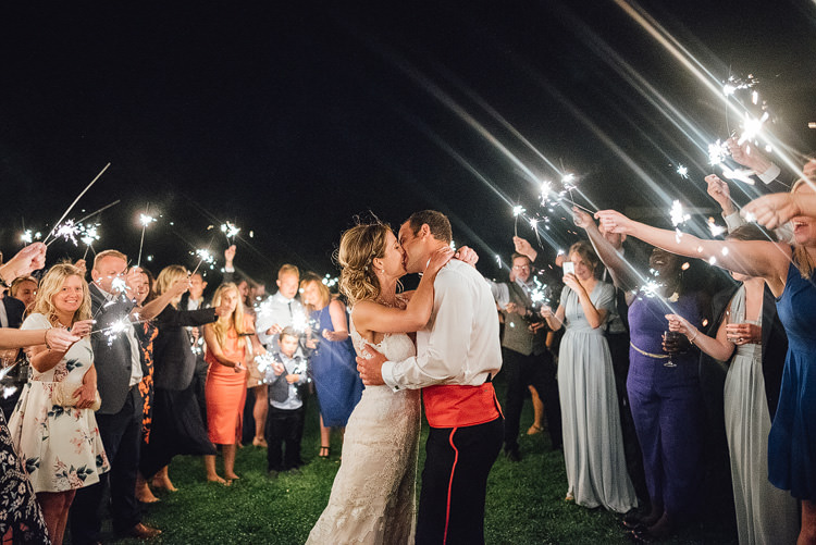 Bride Bridal Fishtail Train Strappy Military Groom Sparkler Send Off Outdoor Summer Rustic Barn Wedding https://www.chebirchhayesphotography.com/