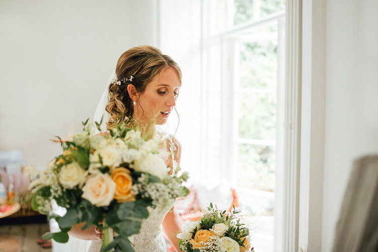 Bride Bridal Bouquet Peach Rose White Greenery Hair Piece Up Do Veil Outdoor Summer Rustic Barn Wedding https://www.chebirchhayesphotography.com/