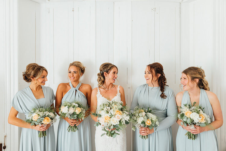 Bride Bridal Bouquet Peach Greenery Multiway Bridesmaids Dresses Gown Outdoor Summer Rustic Barn Wedding https://www.chebirchhayesphotography.com/