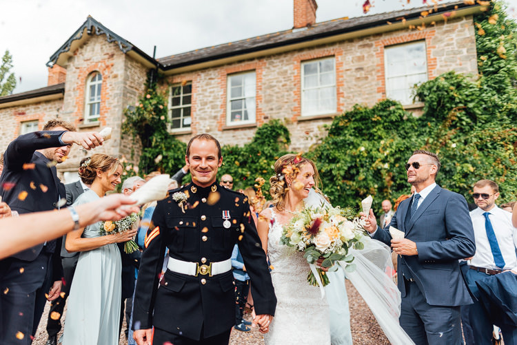 Bride Bridal Fishtail Train Strappy Veil Military Groom Confetti Shot Petals Real Outdoor Summer Rustic Barn Wedding https://www.chebirchhayesphotography.com/