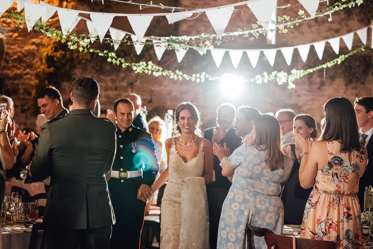 Bride Bridal Fishtail Train Strappy Veil Military Groom Reception Bunting Outdoor Summer Rustic Barn Wedding https://www.chebirchhayesphotography.com/