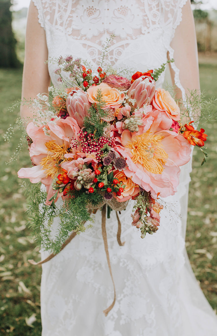 Peony King Protea Berry Bouquet Flowers Bride Bridal Orange Country Barn Wedding http://www.meganduffield.com/
