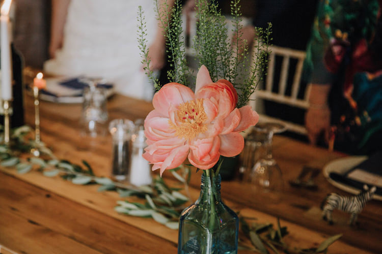 Coral Peony Flowers Bottles Orange Country Barn Wedding http://www.meganduffield.com/