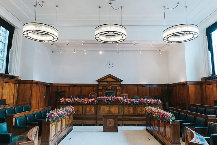 Registry Office Town Hall Chamber Floral Flower Runner Garland Multicolour Colourful Modern Artistic Colour Pop City Wedding http://missgen.com/