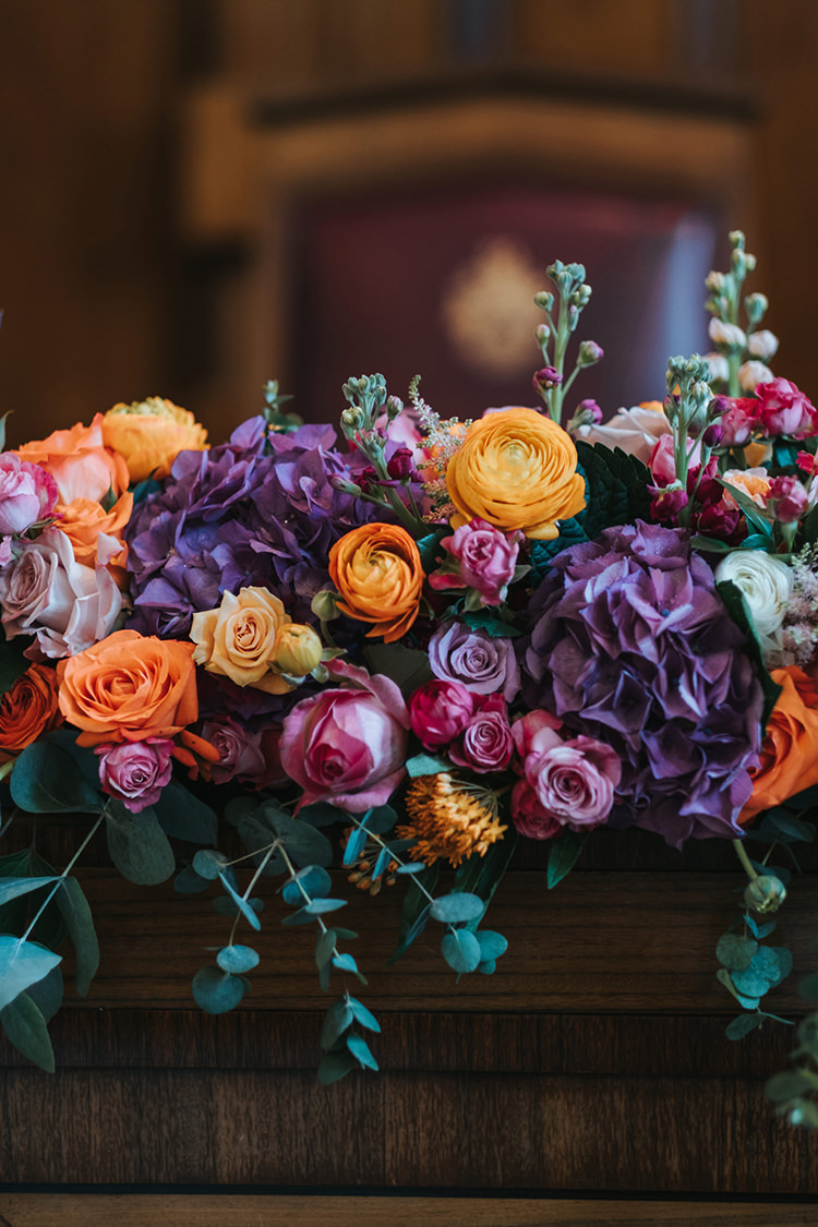 Flower Floral Garland Runner Orange Rose Purple Stocks Foliage Modern Artistic Colour Pop City Wedding http://missgen.com/