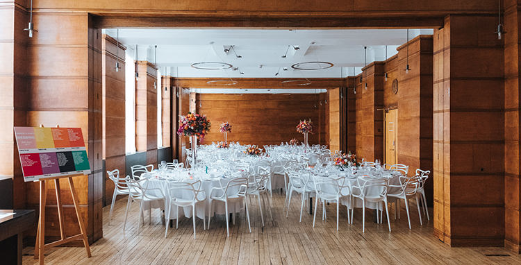 Town Hall Hotel Pantone Table Plan Seating Charge All White Table Chairs Wood Panelled Modern Artistic Colour Pop City Wedding http://missgen.com/