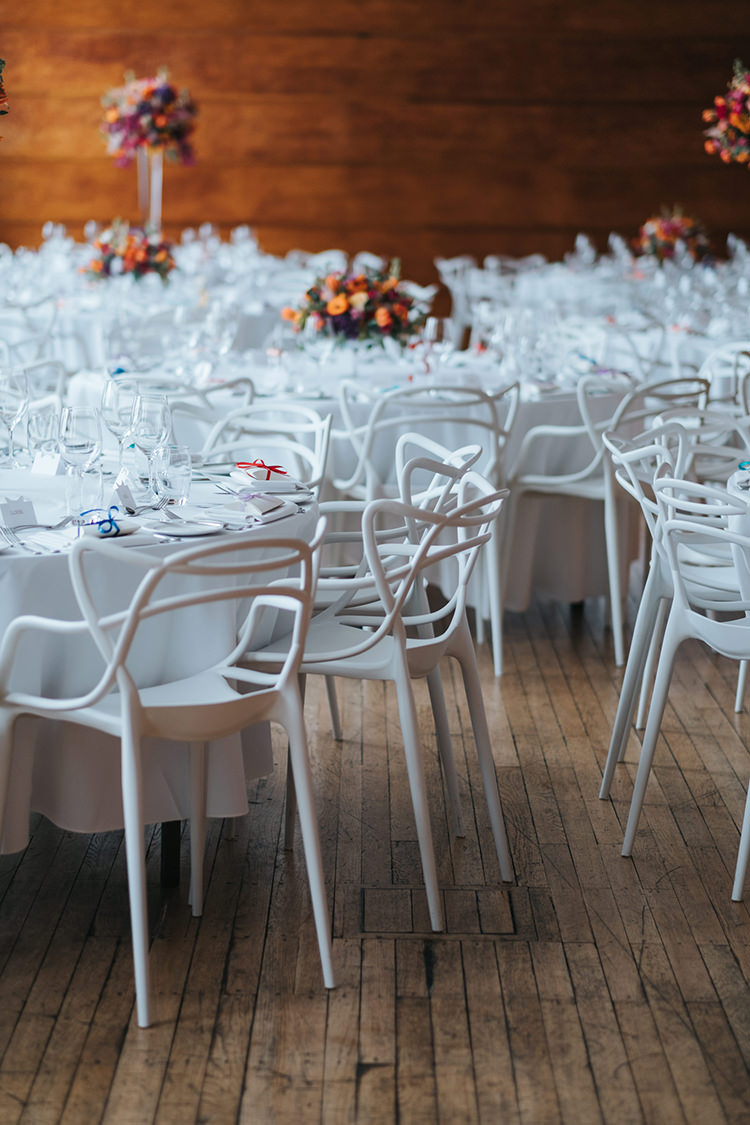All White Table and Chairs Town Hall Hotel Multicolour Flowers Colourful Modern Artistic Colour Pop City Wedding http://missgen.com/