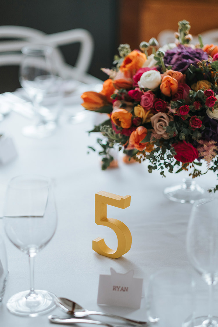 Table Centre Number Floral Flowers Orange Rose Purple Pink Red Multicolour Colourful Modern Artistic Colour Pop City Wedding http://missgen.com/