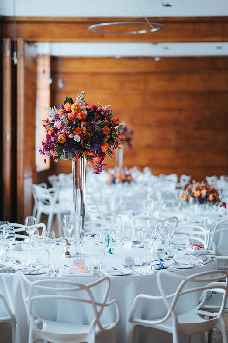 Tall Table Centre Floral Flower Multicolour Colourful Pedestal Glass Modern Artistic Colour Pop City Wedding http://missgen.com/