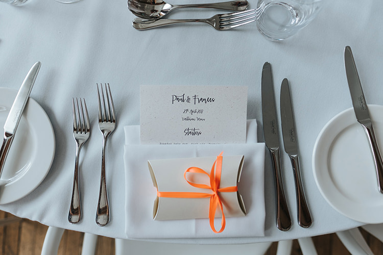 Table Setting Menu Modern Calligraphy Favour Box Orange Ribbon Modern Artistic Colour Pop City Wedding http://missgen.com/