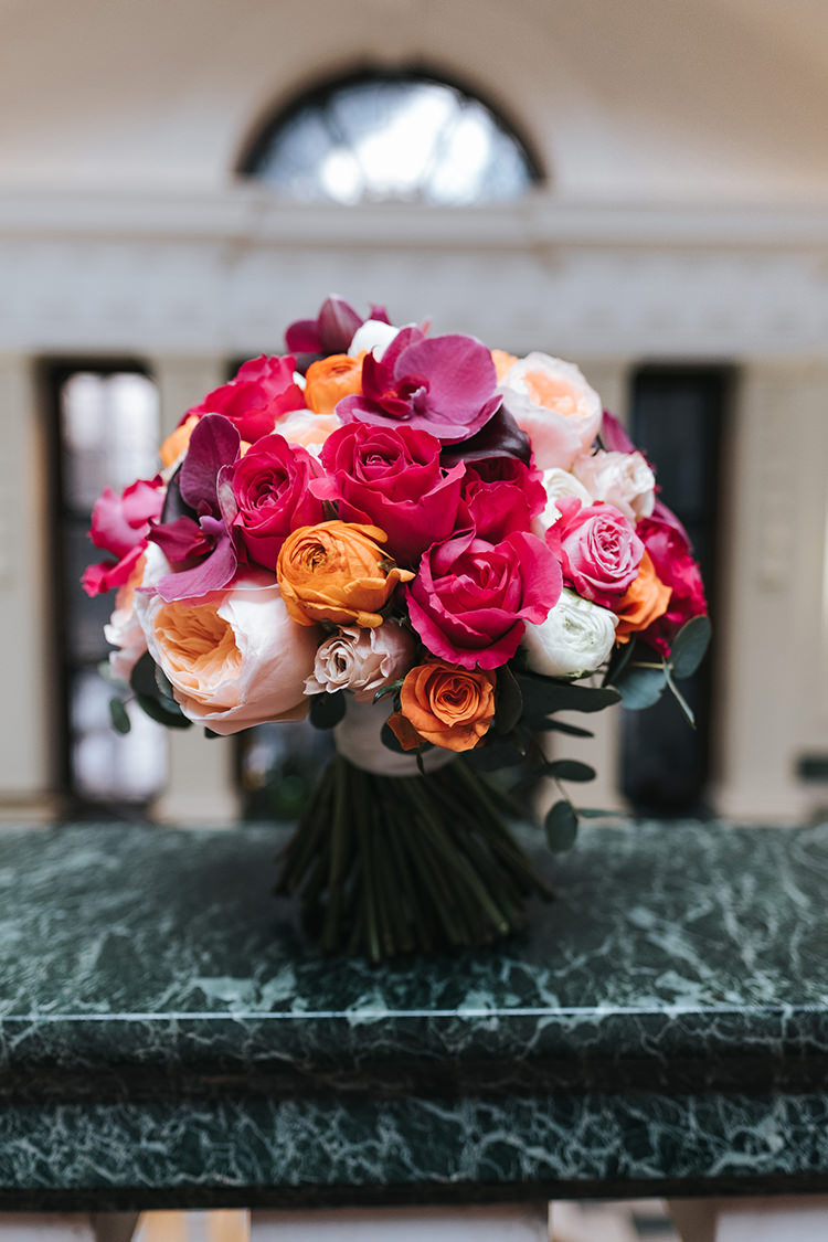 Bride Bridal Bouquet Rose Peony Pink Orange Blush Colourful Multicolour Modern Artistic Colour Pop City Wedding http://missgen.com/