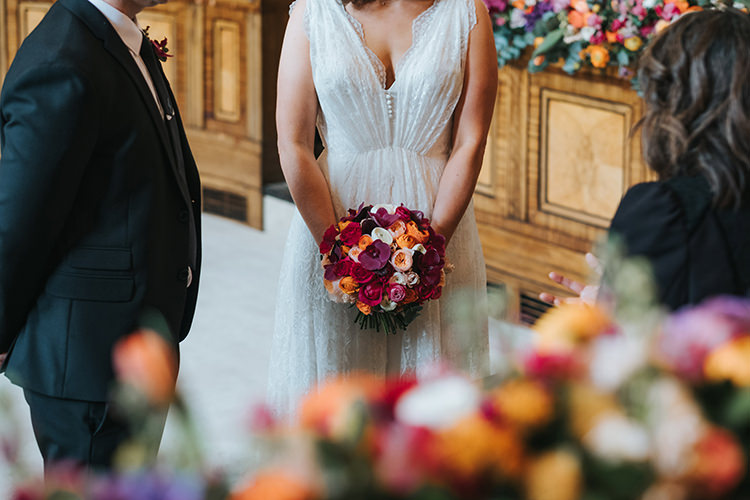 Bride Bridal Dress Gown V Neck Charlie Brear Lace Overlay Bouquet Modern Artistic Colour Pop City Wedding http://missgen.com/