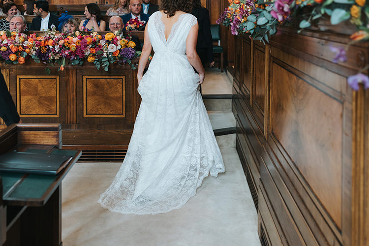 Bride Bridal Dress Gown V Neck Charlie Brear Lace Overlay Modern Artistic Colour Pop City Wedding http://missgen.com/