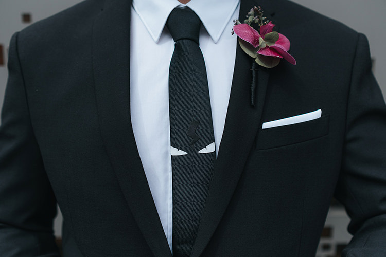 Black Suit Groom Pocket Square Fendi Tie Modern Artistic Colour Pop City Wedding http://missgen.com/