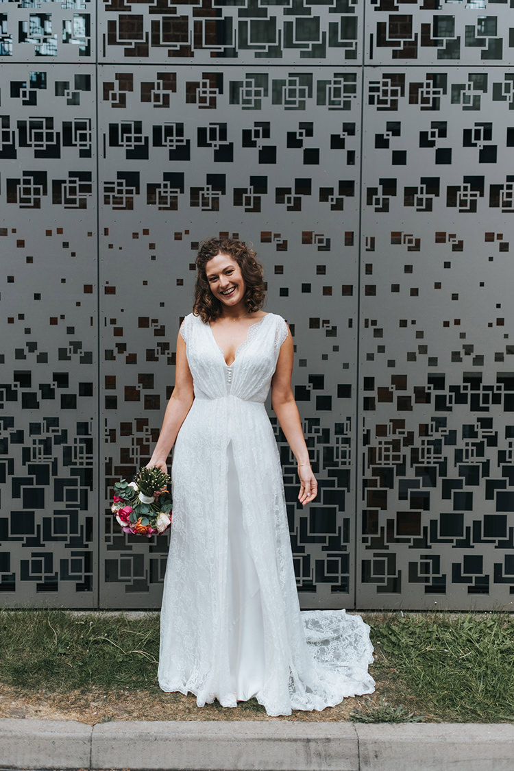 Bride Bridal Dress Gown V Neck Charlie Brear Lace Overlay Modern Artistic Colour Pop City Wedding http://missgen.com/