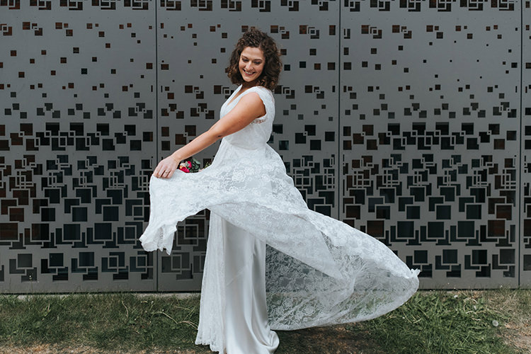 Bride Bridal Dress Gown V Neck Charlie Brear Lace Overlay Modern Artistic Colour Pop City Wedding http://missgen.com/