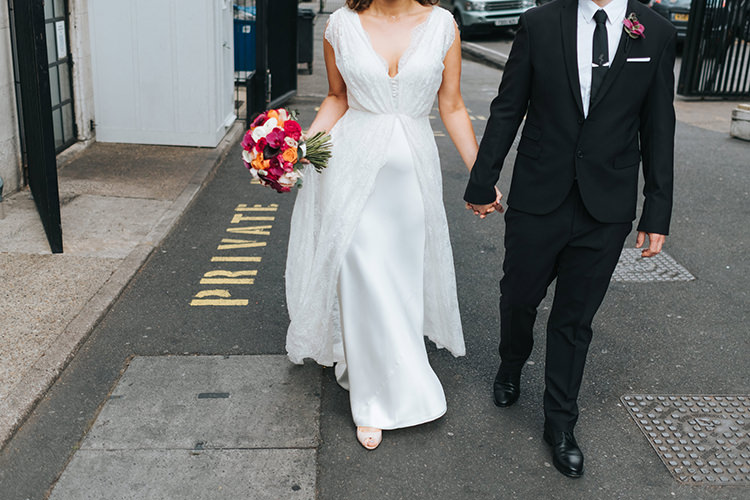 Bride Bridal Dress Gown V Neck Charlie Brear Lace Overlay Black Suit Tie Groom Pocket Square Modern Artistic Colour Pop City Wedding http://missgen.com/