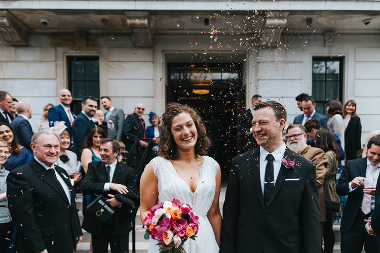 Bride Bridal Dress Gown V Neck Charlie Brear Lace Overlay Black Suit Tie Pocket Square Groom Confetti Modern Artistic Colour Pop City Wedding http://missgen.com/