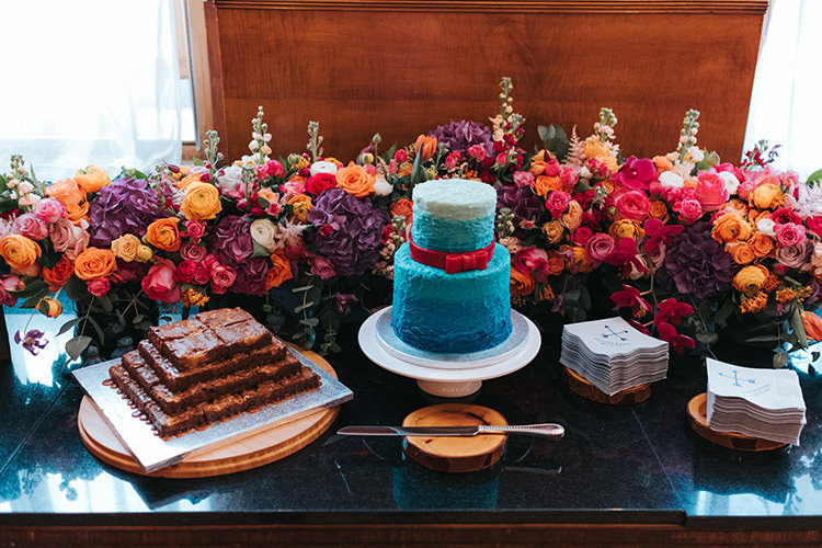Flower Floral Garland Purple Pink Orange Blush Rose Peony Cake Table Bespoke Cocktail Napkin Modern Artistic Colour Pop City Wedding http://missgen.com/