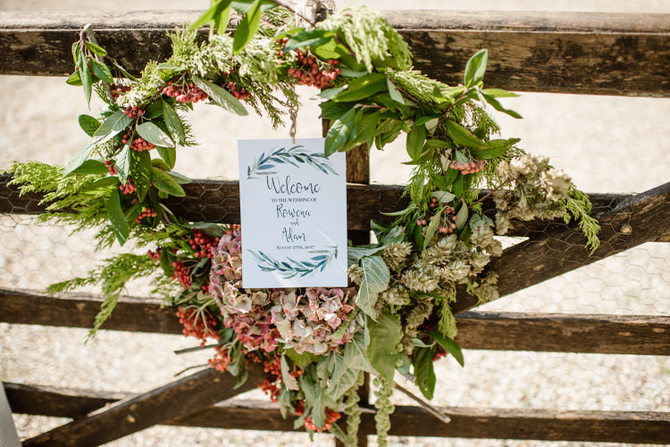 Flower Wreath Welcome Sign Gate Vegan Handfasting Summer Garden Party Wedding https://www.elliegillard.co.uk/