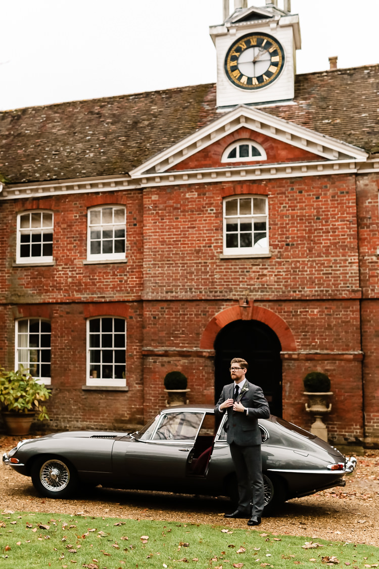 Groom Grey Tweed Suit Classic Car Magical Fairy Lit Blue Gold Winter Wedding Ideas https://sarahbrookesphotography.com/