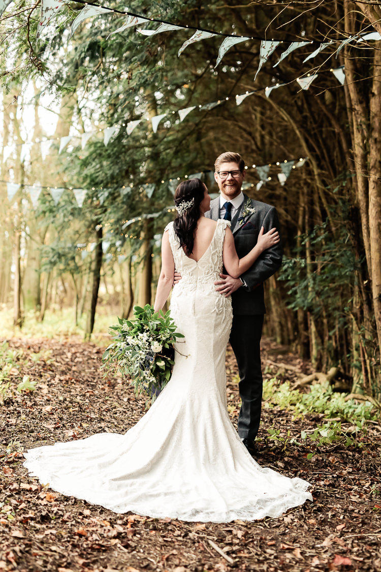 Justin Alexander Lace Dress Gown Bride Bridal Train Magical Fairy Lit Blue Gold Winter Wedding Ideas https://sarahbrookesphotography.com/