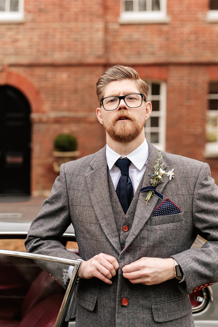 Groom Grey Tweed Suit Magical Fairy Lit Blue Gold Winter Wedding Ideas https://sarahbrookesphotography.com/