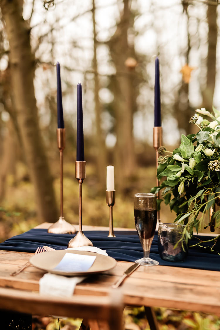 Tablescape Decoration Tables Fabric Rustic Candlesticks Flowers Magical Fairy Lit Blue Gold Winter Wedding Ideas https://sarahbrookesphotography.com/
