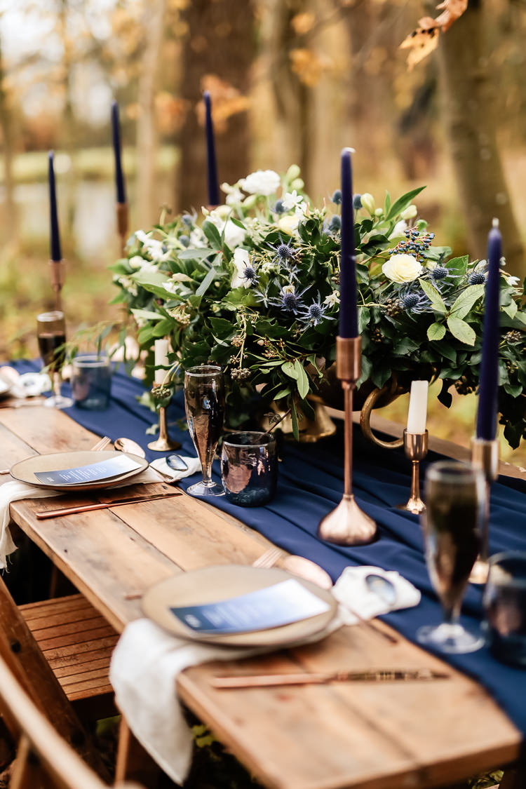 Tablescape Decoration Tables Fabric Rustic Candlesticks Flowers Magical Fairy Lit Blue Gold Winter Wedding Ideas https://sarahbrookesphotography.com/