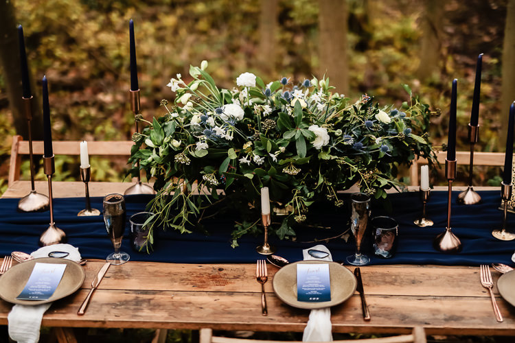 Tablescape Decoration Tables Fabric Rustic Candlesticks Flowers Magical Fairy Lit Blue Gold Winter Wedding Ideas https://sarahbrookesphotography.com/