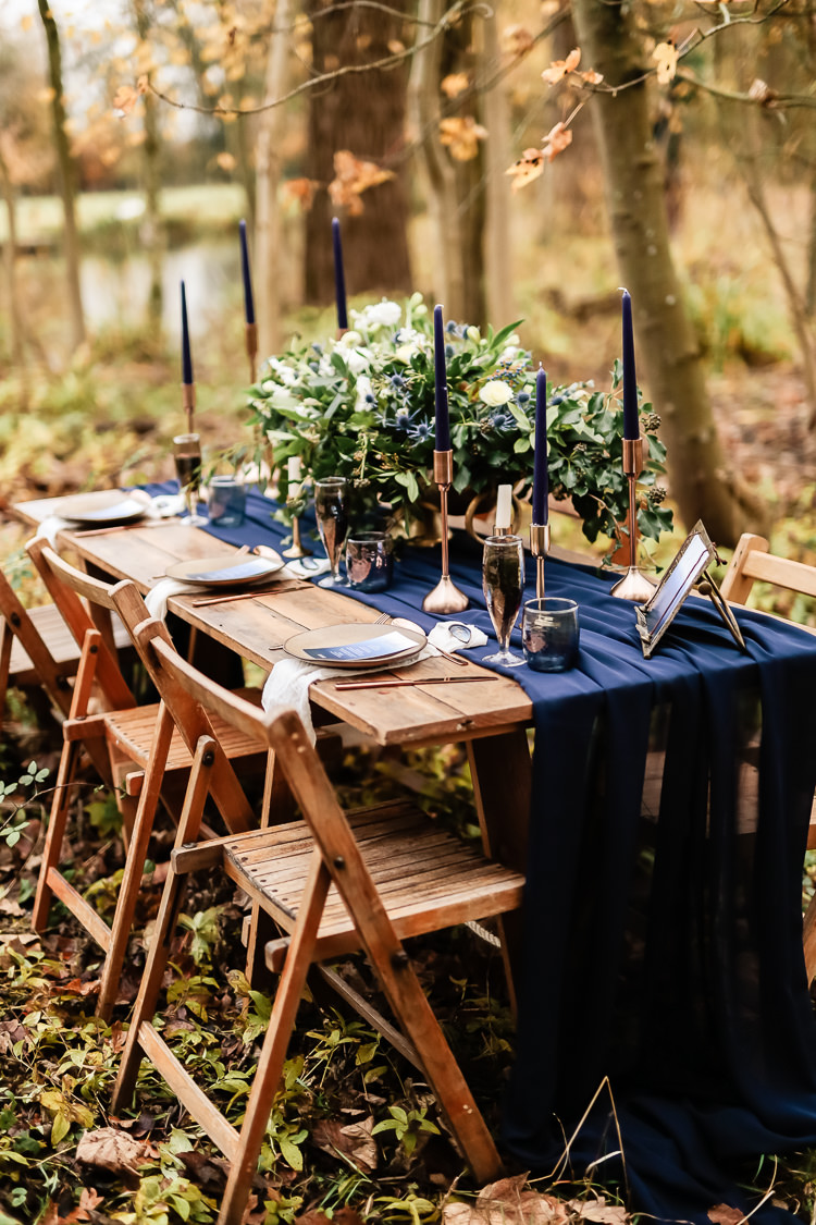 Tablescape Decoration Tables Fabric Rustic Candlesticks Flowers Magical Fairy Lit Blue Gold Winter Wedding Ideas https://sarahbrookesphotography.com/