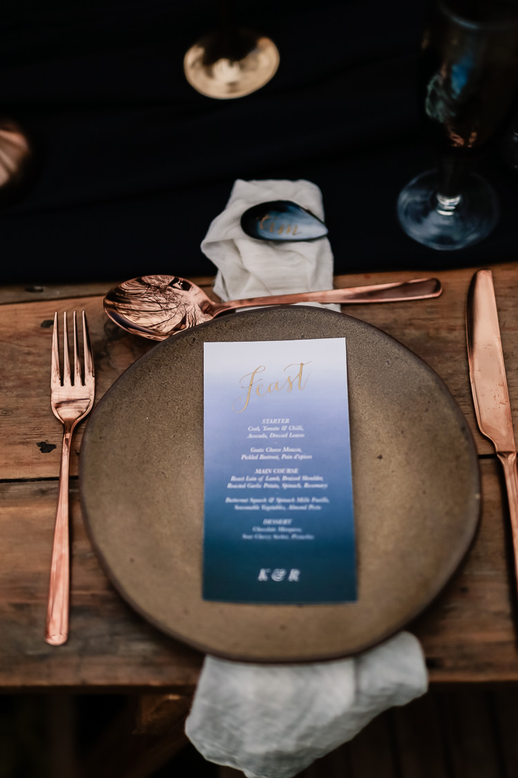 Watercolour Stationery Invites Invitations Calligraphy Menu Magical Fairy Lit Blue Gold Winter Wedding Ideas https://sarahbrookesphotography.com/