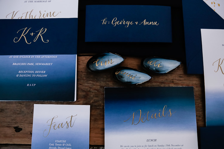 Watercolour Stationery Invites Invitations Calligraphy Magical Fairy Lit Blue Gold Winter Wedding Ideas https://sarahbrookesphotography.com/